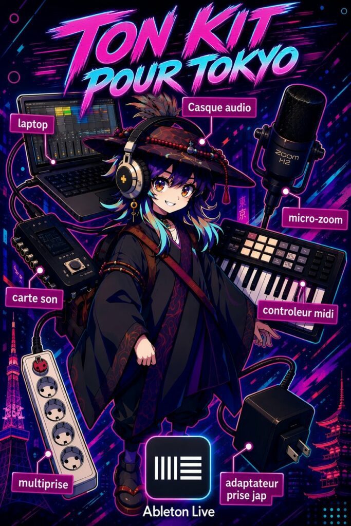 Kit à emporter pour le stage à Tokyo : ordinateur, casque audio, micro, carte son, contrôleur MIDI, multiprise, adaptateur de prise japonaise, Ableton Live