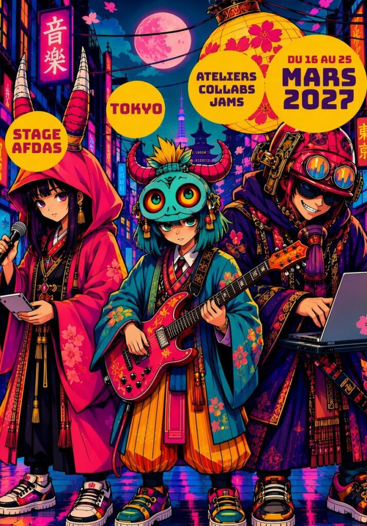 Affiche du stage AFDAS à Tokyo du 16 au 25 mars 2027 : ateliers, collaborations et jams